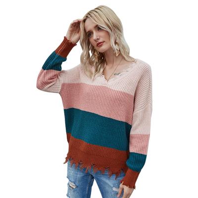 China Anti-Wrinkle Autumn Winter New Style Women's V-Neckline Striped Contrast Knitted Sweater Long Sleeve Fashion Sweaters Ladies Sweaters for sale