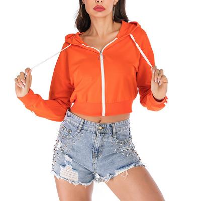 China Autumn Women Anti Wrinkle Long Anti Wrinkle Amazon Style Sportswear Warm Hooded Sleeve Zipper Up Casual Short Cropped Hoodies Jacket Ladies Cropped Hoodies for sale