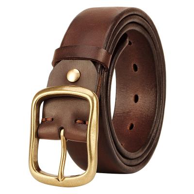 China Comfortable Leather Men's Belt Comfortable Leather Belt Men's Character Buttons Youth Layer Jeans Soft Belt Retro Youth Premiere Whip Leather Pure Copper Buckle Thick Needle Belt for sale