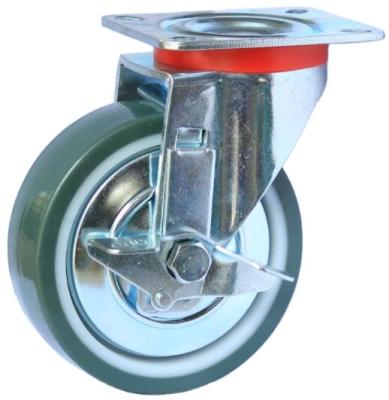 China Flat Free Casters European 5 Inch Mute PU Wheels Casters Durable Side Brake - Green, Medium & Heavy, Factory Direct Sale. for sale