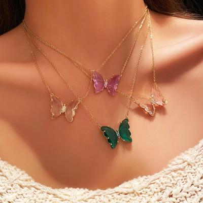 China Trendy Fashion Colorful Transparent Glass Butterfly Simple Pendant Crystal Necklace for Women Girls for sale