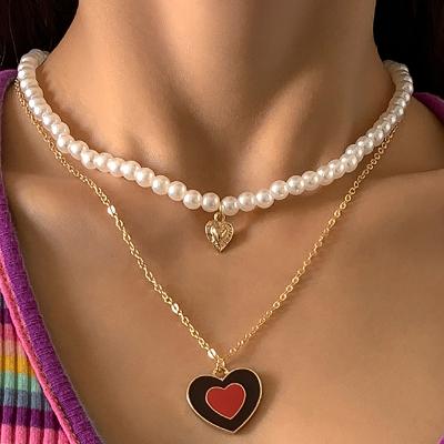 China Fashion Trendy Double Layered Layered Necklaces Fashion Women Oil Drop Heart Necklaces Pearl Necklace Jewelry for sale