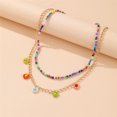 China TRENDY 2 Pcs/Set Boho Multicolor Beaded Necklaces For Women Handmade Metal Bohemian Chain Gold Color Beads Flower Necklace Jewelry for sale