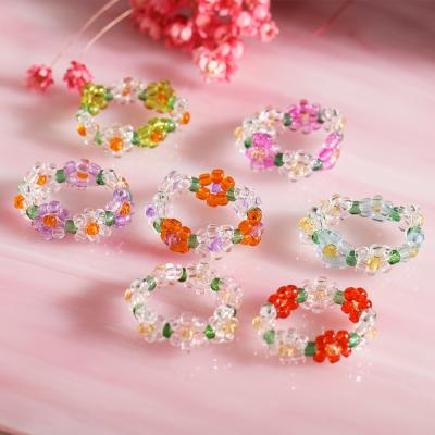 China None Candy Color Rice Bead Ring Braided Fashion Accessories Flowers Ring Ladies Combination Party Jewelry for sale