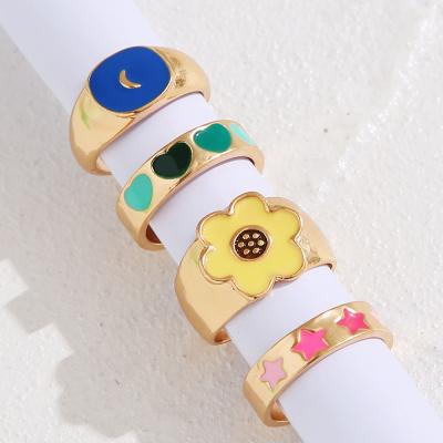 China New Fashion Flower Love Flower Ring Women's Gold Drip Enamel Metal Yinyang Ring Set Fashion Jewelry for sale