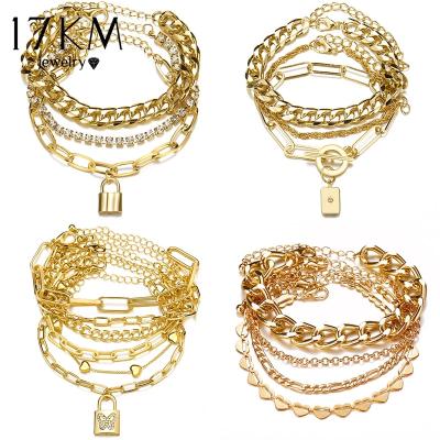 China 2021 Trendy Vintage Retro Lock Butterfly Heart Chain Bracelet Snake Multilayer Crystal Pendant Chain Bracelets Gifts for sale