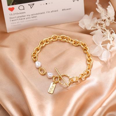 China Wholesale FASHIONABLE Trendy Popular Elegent Gold Plated Pearl Lock Bracelet Summer Chain Jewelry For Women for sale