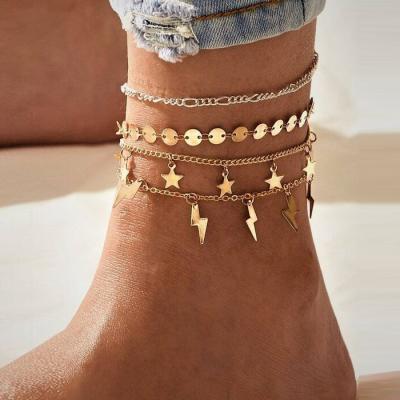 China TRENDY Fashion Gold Plated 4 Pcs Chain Bracelets Sequin Anklets And Star Charms Jewelry Anklet Chain For Girls for sale