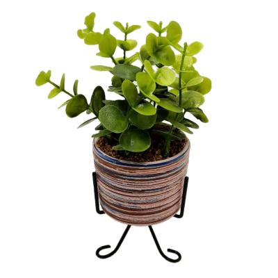 China Farmhouse Ceramic Planter with Metal Plant Stand, 3 inch Dia. Pot with black mid century holders for sale