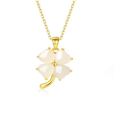 China Vintage New Arrivals 22K Gold Mother's 925 Sterling Silver Natural Jade Flower Pendant Necklace For Women for sale