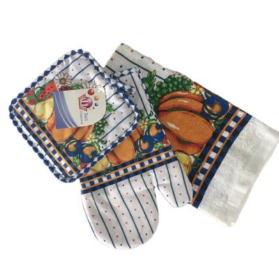 China Rural Style 100% Cotton Azo Free Potholder Oven Mitt and 3pcs Kitchen Towel Kitchen Set for sale