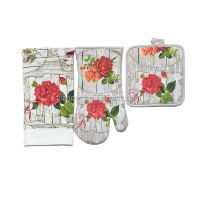 China Popular Rose Design Azo Free 100% Cotton Potholder Oven Mitt and Tea Towel Kitchen Sets for sale