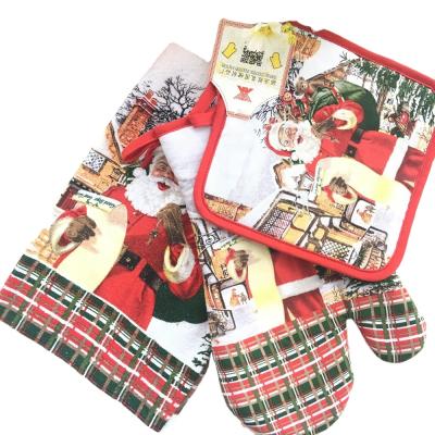 China Minimalist Christmas Style 100% Cotton Potholder Oven Mitt And Kitchen Towel 3pcs Kitchen Sets for sale