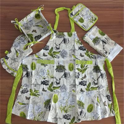 China Rural QUICK DRY apron, 5pcs design kitchen set pot, oven mitt, towel and bread basket for sale