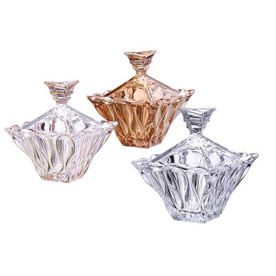 China Decorative high end crystal clear sweet food bohemia honry glass candy jar with glass lid for sale