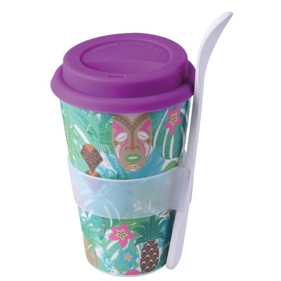 China Sustainable Fiber Bamboo Coffee Mugs Mugs Reusable Custom Printing Plastic With Spoon for sale