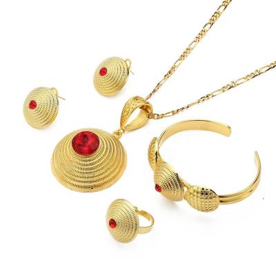 China Popular Ethiopian Jewelry Sets Necklaces Ring Bangles Dangle Earrings For Women Gold Color Bride Jewelry Gift for sale