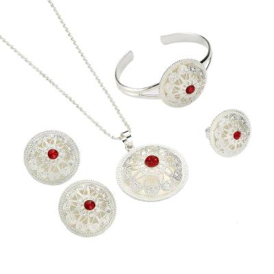 China Fashionable Red Stone Earrings Ring Eritrean Jewelry Sets Gift Flower Popular Ethiopian Silver Color Necklace Bracelet for sale