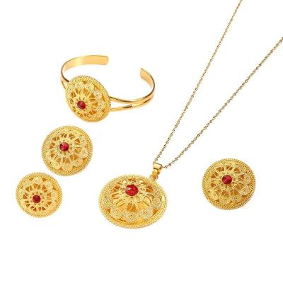 China Popular Gold Color Ethiopian Eritrean Jewelry Sets With Red Stone African Habesha Bride Wedding Jewelry for sale