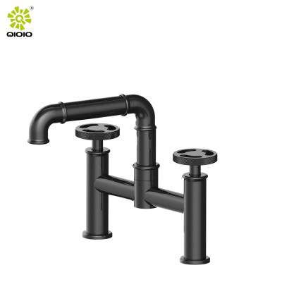 China Factory Sale Modern Style Black Gold Bathroom Basin Faucets Metered Industrial Faucets Dual Handle Mixer Taps Bathroom Sink Basin Water Faucet for sale