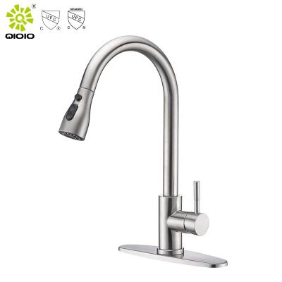 China Pull Out 2022 New Hot Selling cUPC Quality 304 Nice Brushed Stainless Steel Hot Cold Three Functions Pull Down Mixers Kitchen Faucet for sale