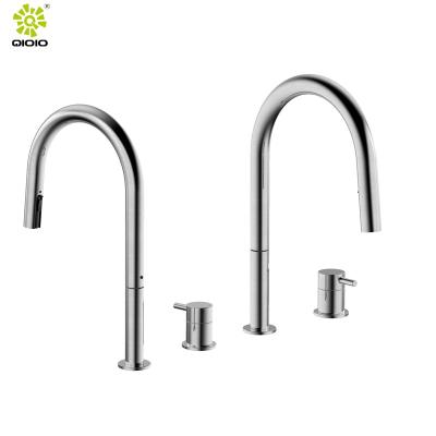 China Pull Out Spray Kaiping New Design 304 Stainless Steel Two Hole Kitchen Faucet High Quality Deck Mounted Deck Mounted Mixer Tap for sale