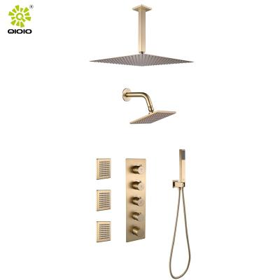 China Without Slide Bar Design Villa Luxury Bathroom 304SS Swept Gold 4 Functions Thermostatic Concealed Shower Faucet Mixer Set for sale