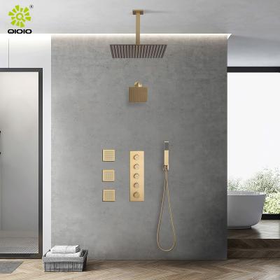 China Without Slide Bar Luxury Design 304SS Swept Gold 4 Functions Villa Bathroom Thermostatic Concealed Shower Faucet Mixer Set for sale