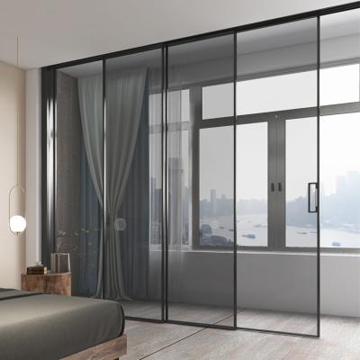 China Sound Insulation Bedroom Sliding Door Modern Aluminum Balcony Stained Patio Pocket Glass Door for sale