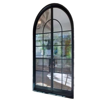 China Front Entrance Simple Elegant Tempered Glass Sound Insulation Wrought Iron Arched Door for sale