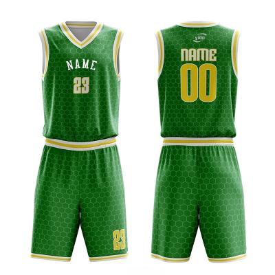 China Double Layered Basketball Anti-UV Wear Printed Mesh Trim Ribbed Collar Basketball Uniforms Reversible for sale