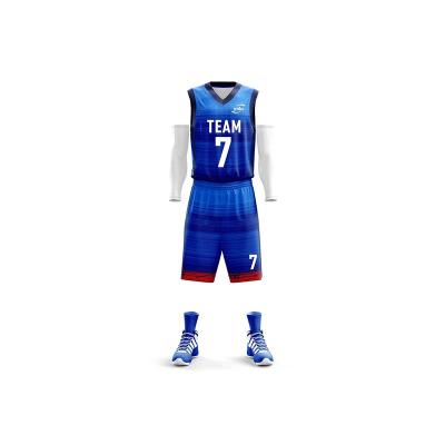 China Breathable Boys College Basketball Team Wear Printed Custom Design Sublimation Blue Basketball Uniform for sale