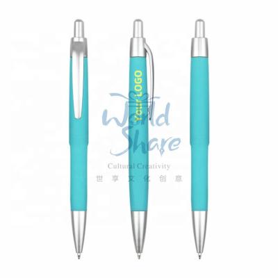 China Promotional Pen WorldShare wholesale School plastic rubber coated click OFFI CE use Promotional Pen Ball Point Pen with custom logo for sale