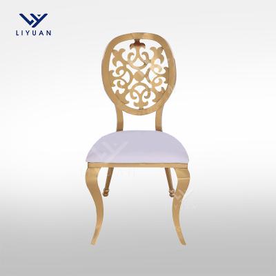 China LIYUAN Modern Hotel Cheap Price Gold Stainless Steel Flower Rental Removable Back Wedding Chairs Round Back White PU Leather Chairs for sale