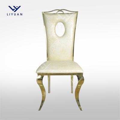 China LIYUAN Modern Style Gold Stainless Steel Hotel Modern Banquet High Back Wedding Chairs With White PU Leather for sale