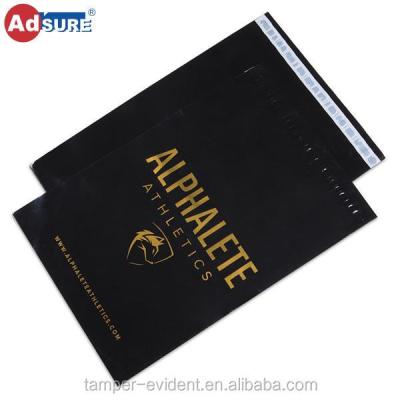 China Custom POLY Printed Poly Mailing Bags Black Postage Saddlebags With Gold Logo / Branded Plastic Parcel Bags for sale