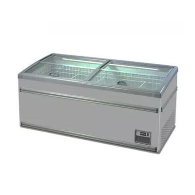 China Single-temperature Supermarket Seafood Freezer Showcase and Curved Glass Top Sliding Lid Chest Freezer Island Refrigerator for sale