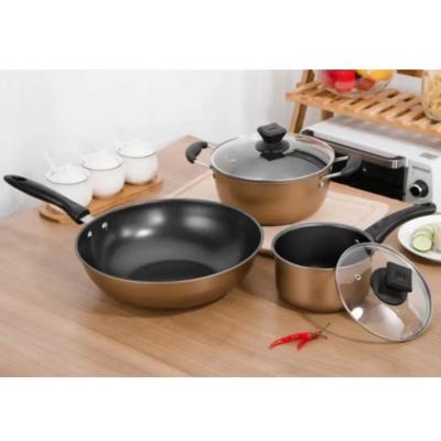 China Sustainable Fine ironThickened Cookware Set Gift Pot Non-Stick Cookware Three-piece Wok Set for sale