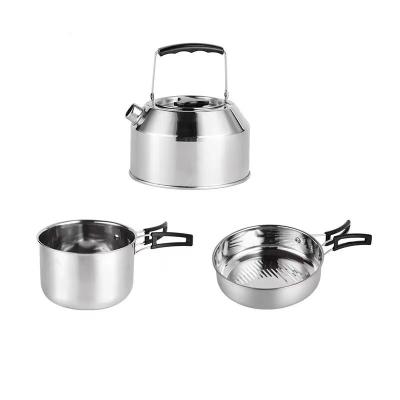 China Sustainable Portable Stainless Steel Outdoor Cooking Pot Hiking Cookware Set 3PC Camping Cookware Set for sale