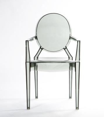 China Cooling Transparent Smoky Gray Resin Armrest Ghost Chair Hotel Baby Shower Banquet Chair for sale