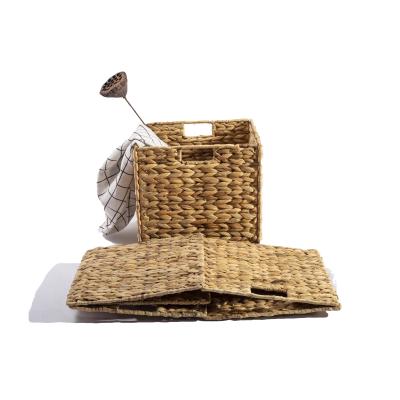 China Water Hyacinth Plant Fiber Rattan Basket Storage Foldable Environmental Friendly Foldable Handwoven Basket With Wire Frame for sale