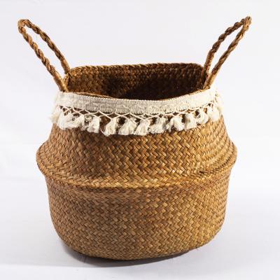 China Storage/variety sizes flower pot HBK folding vegetable plankton nature rattan laundry belly basket with handle and unilaminar macrame for sale