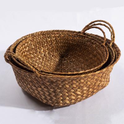 China Small HBK 3 Piece Sustainable Set Miniature Pe Round Home Decor Water Hyacinth Rattan Plant Plankton Storage Basket White Colorful Wicker Container zu verkaufen