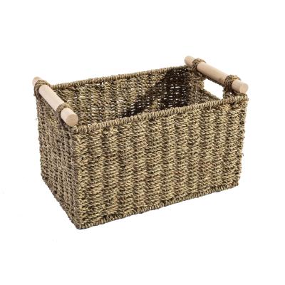 Chine HBK Water Hyacinth Sustainable Plant Plankton Magazine Log Organic Storage Basket With Wooden Handle à vendre