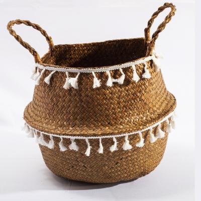 中国 HBK Plant Plankton Laundry Rattan Double Layer Tassel Lace Storage Viable Foldable Belly Basket for Clothes and Flower 販売のため