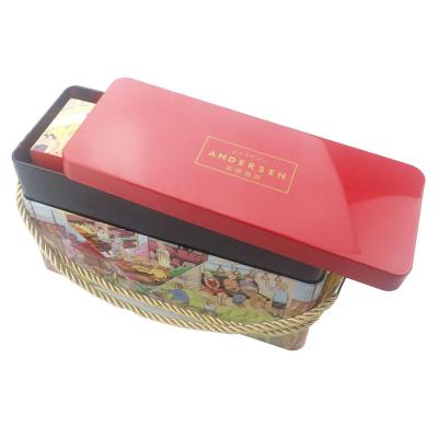 China Recyclable Empty Rectangle Metal Food Box With Portable Handle For Biscuit Biscuit Packaging for sale