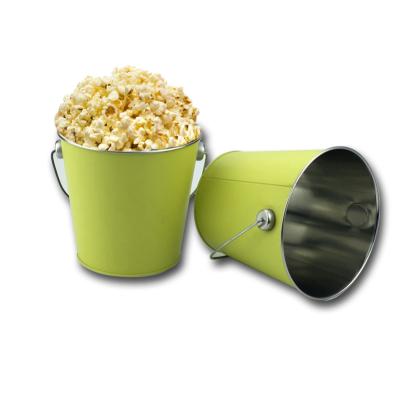 China Printing Skin Care Customized Design Paint Tin Metal Popcorn Bucket With Portable Handle for sale