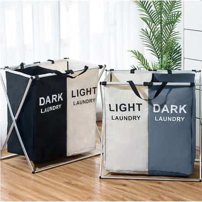 China Printed Collapsible Three Large Workable Foldable Dirty Grid Organizer Laundry Basket Sorter Home Laundry Hamper for sale