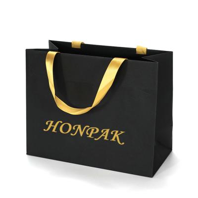 China Private Hot Gold Foil Materials Custom Stamping Logo Printed Small Black Bag Recycled Luxury Clothing Boutique Gift Shopping Paper Bags for sale