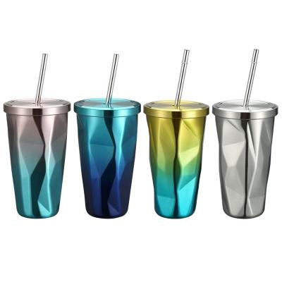 China New Arrival Viable Gift Vacuum Wall Stainless Steel Coffee Cup Metal Double Tumbler Cup With Straw for sale